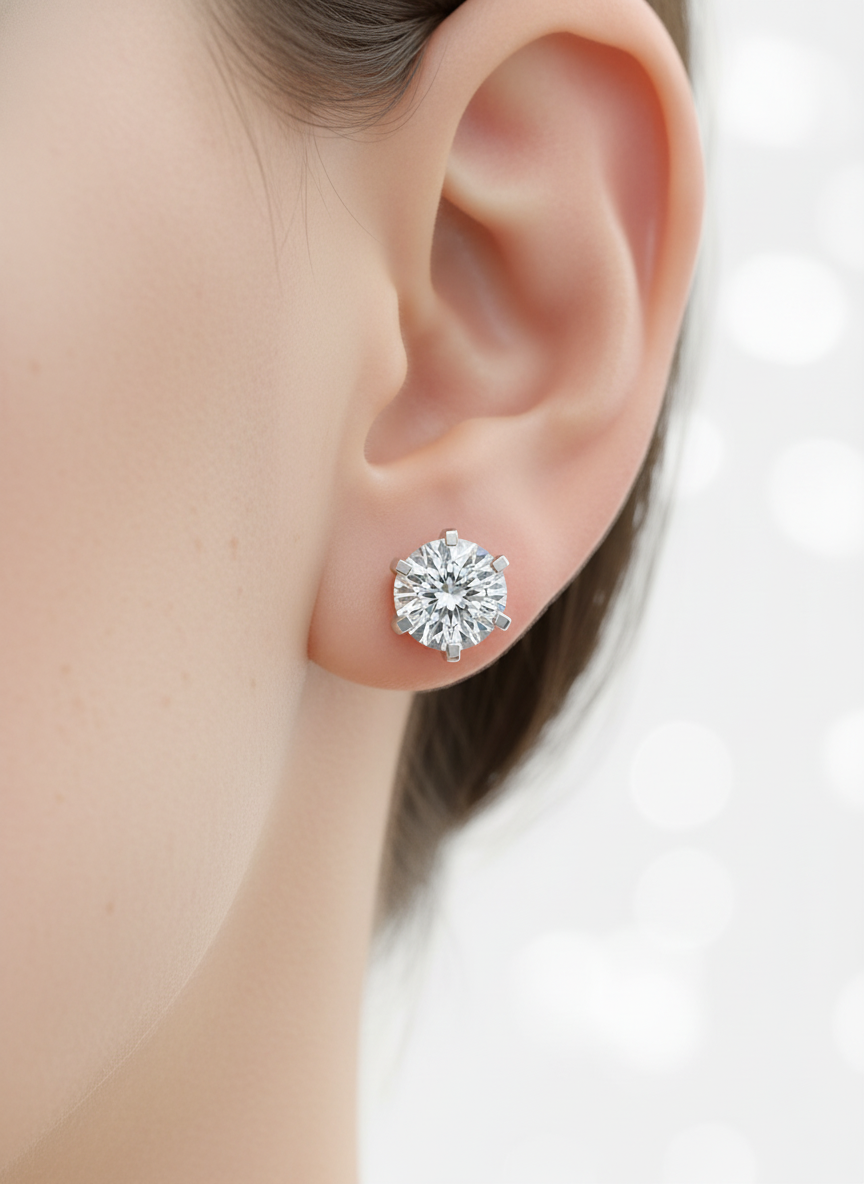 Side view of Iris Curve Round Lab Diamond Stud Earrings in 14K Yellow Gold - Fiona Diamonds