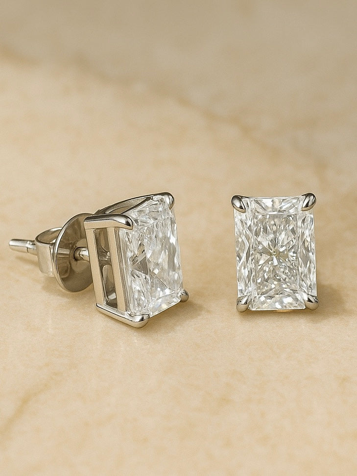 Side view of 3ct Radiant Radiant Lab Diamond Stud Earrings in 14K White Gold - Fiona Diamonds