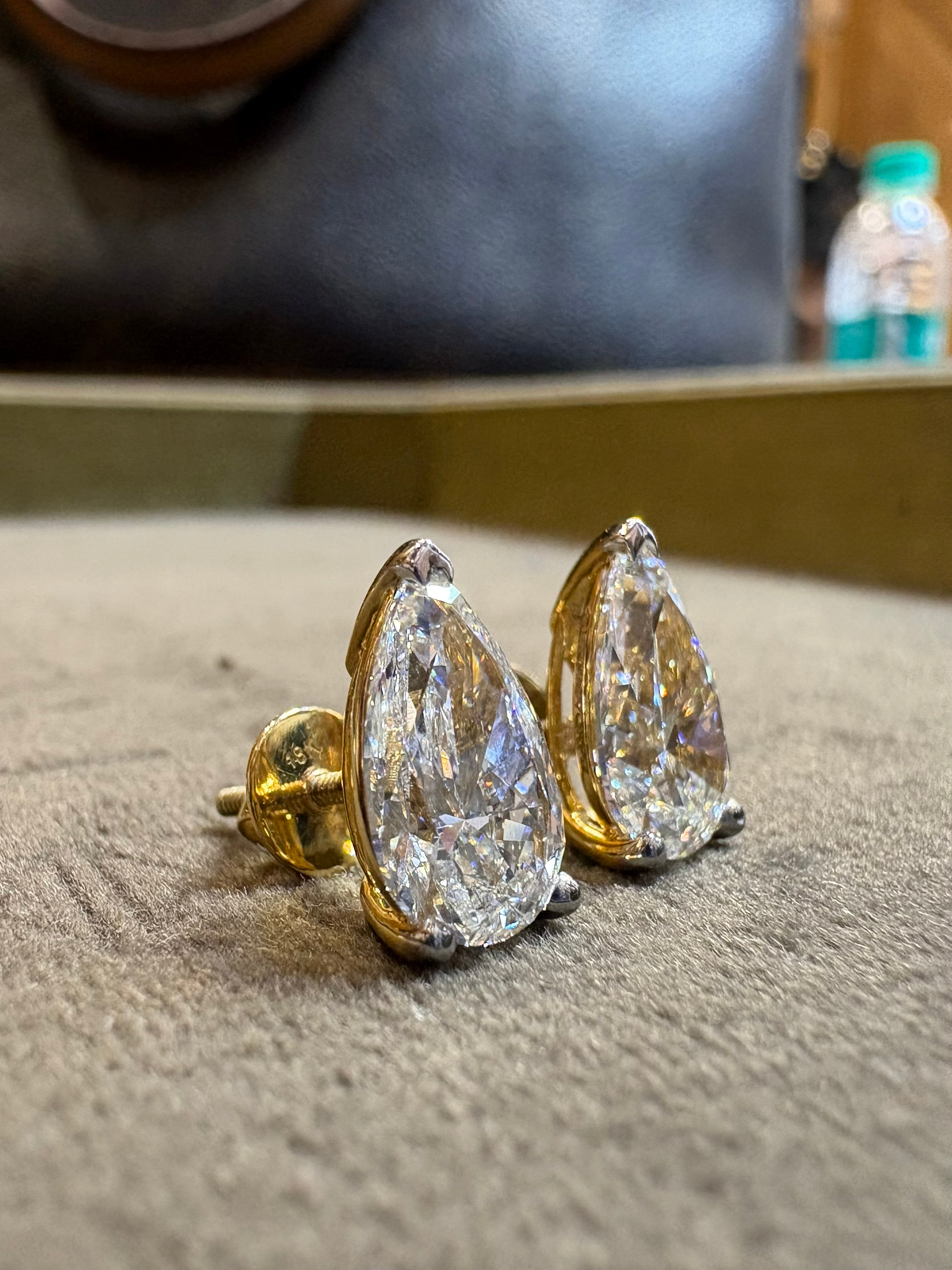 Pear Lab Diamond Classic Solitaire Stud in 18K Yellow Gold - Ulara Crest by Fiona Diamonds