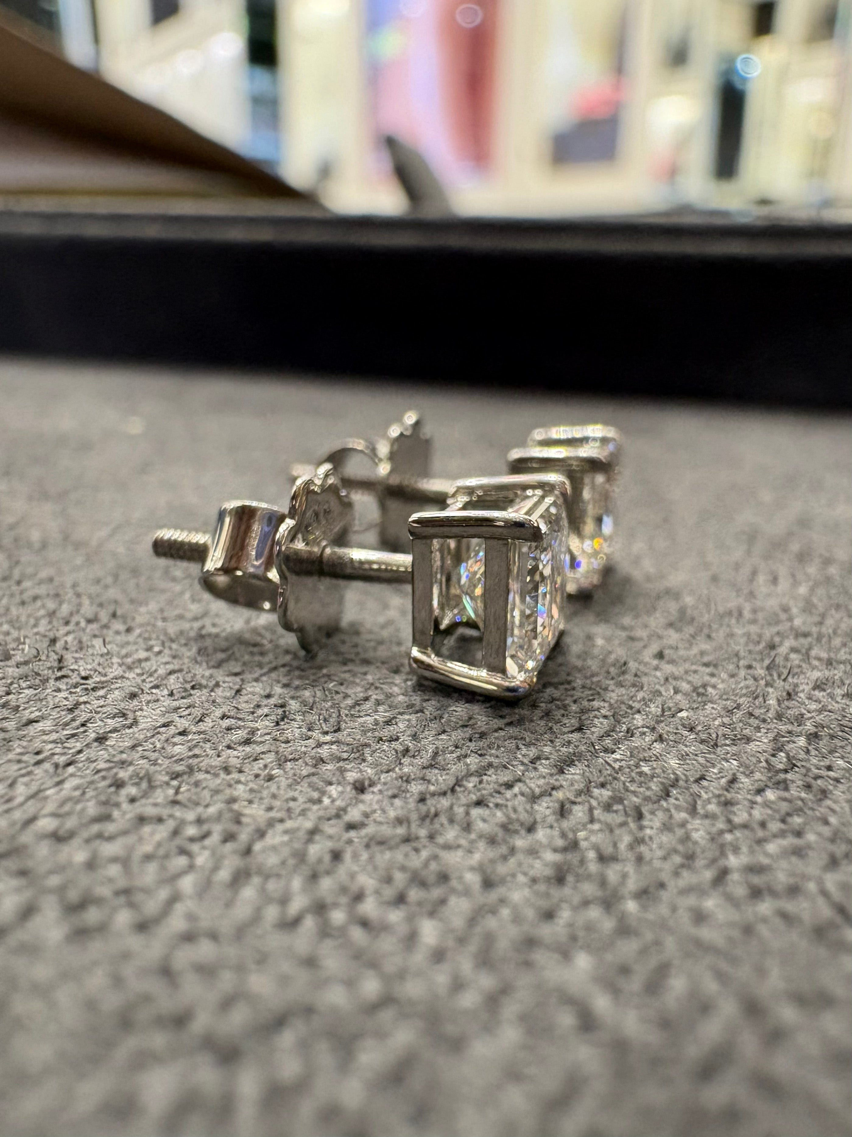 Close-up of Nerin Cove Princess Lab Diamond Solitaire Stud in 18K White Gold by Fiona Diamonds