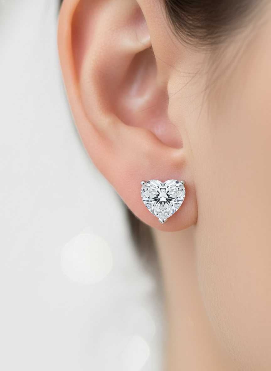 Side view of Lyric Bloom Heart Lab Diamond Stud Earrings in 18K White Gold - Fiona Diamonds
