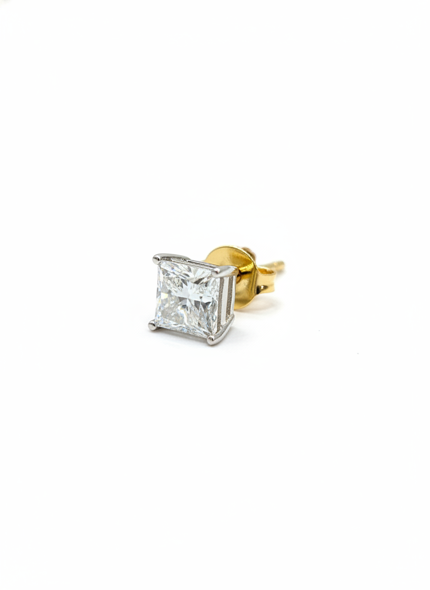 Close-up of Aria Nova Princess Lab Diamond Solitaire Stud in 18K Yellow Gold by Fiona Diamonds