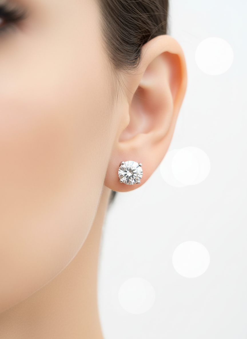 Side view of Harlow Veil Round Lab Diamond Stud Earrings in 18K White Gold - Fiona Diamonds