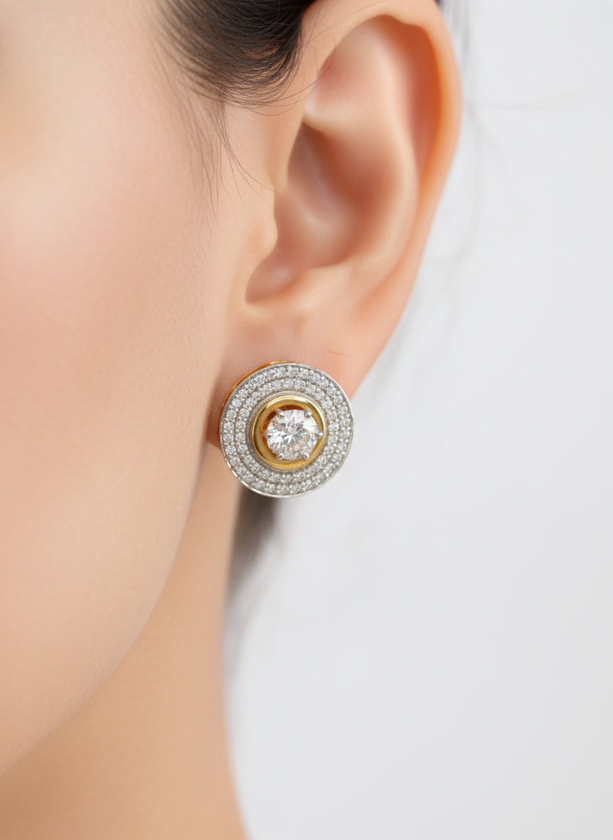 Side view of Celestia Éclat Round Lab Diamond Halo Earrings in 18K Yellow Gold - Fiona Diamonds