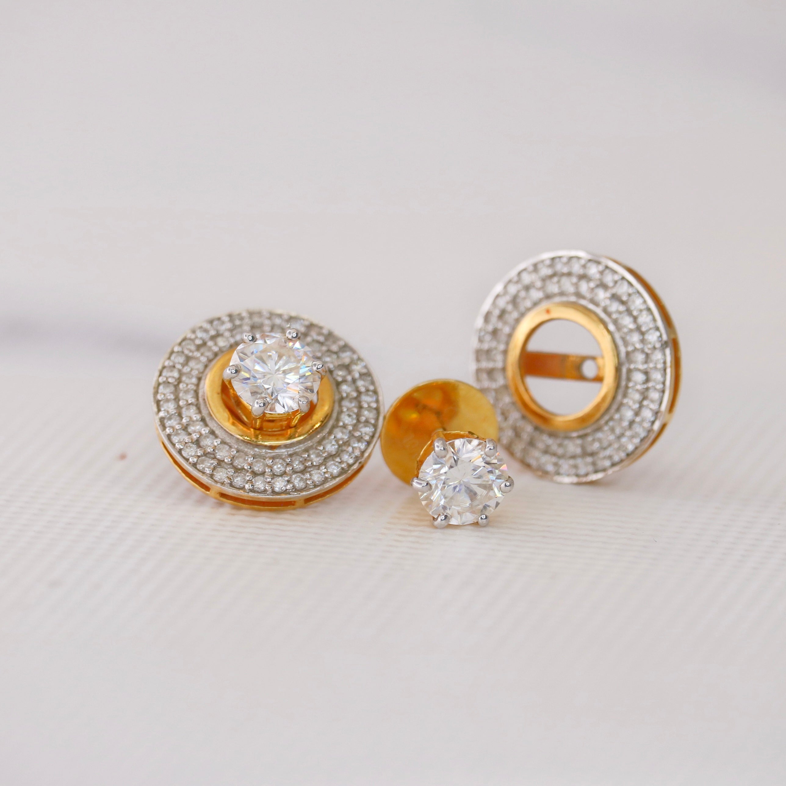 Close-up of Celestia Éclat Round Lab Diamond Halo Earrings in 18K Yellow Gold by Fiona Diamonds