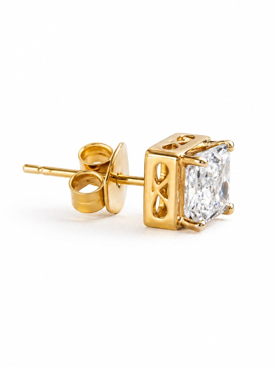 Side view of Solenne Nyra Princess Lab Diamond Stud Earrings in 18K Yellow Gold - Fiona Diamonds