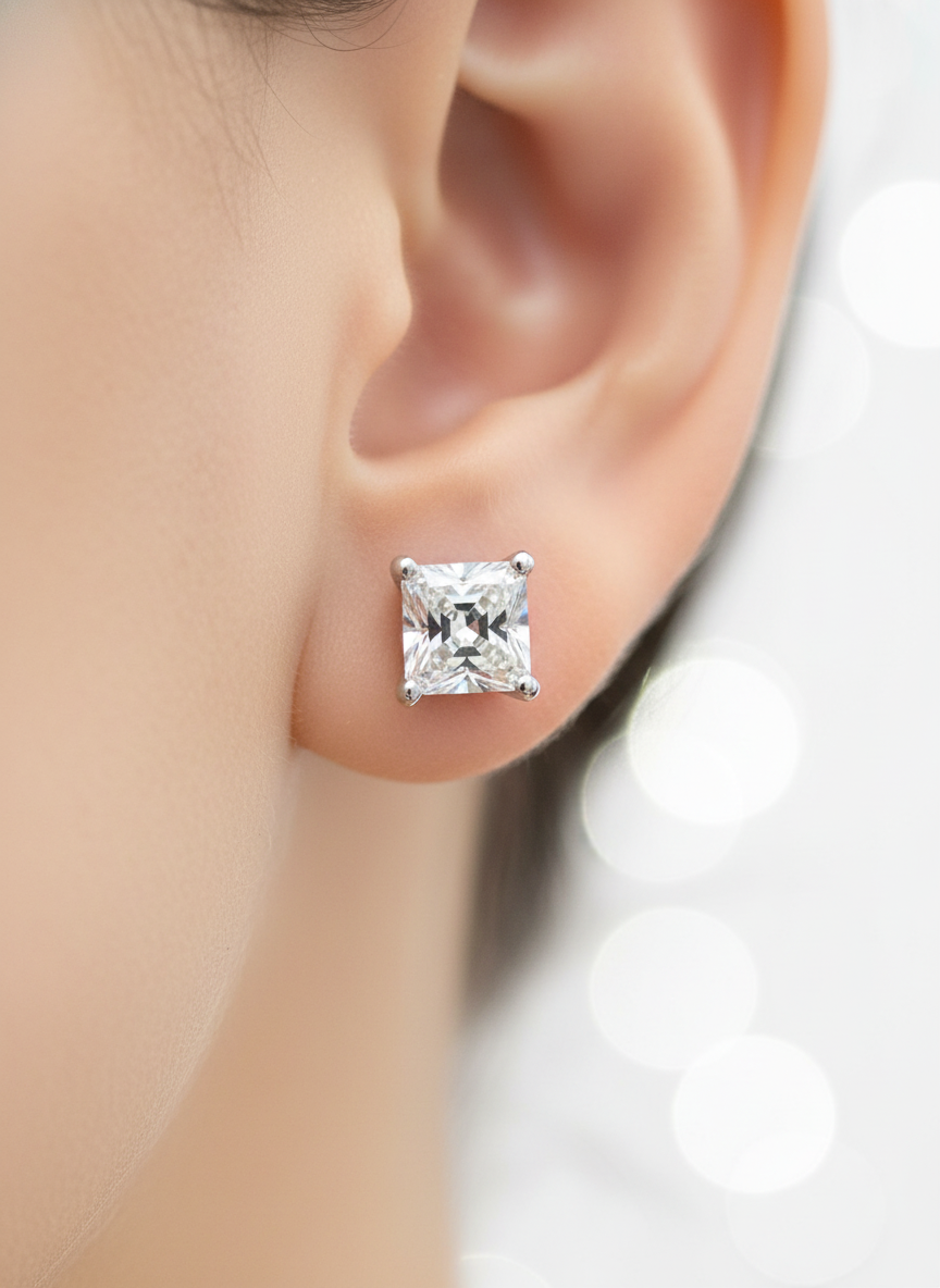 Side view of Fable Loop Princess Lab Diamond Stud Earrings in 18K White Gold - Fiona Diamonds