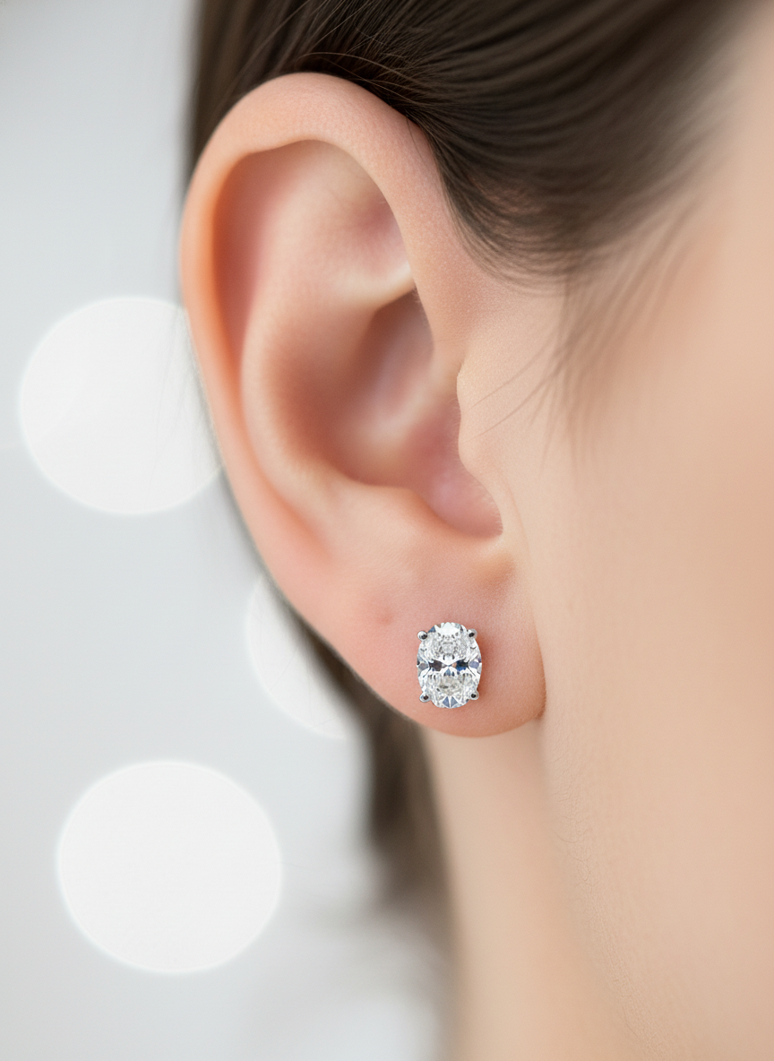 Side view of Sable Frond Oval Lab Diamond Stud Earrings in 18K Yellow Gold - Fiona Diamonds