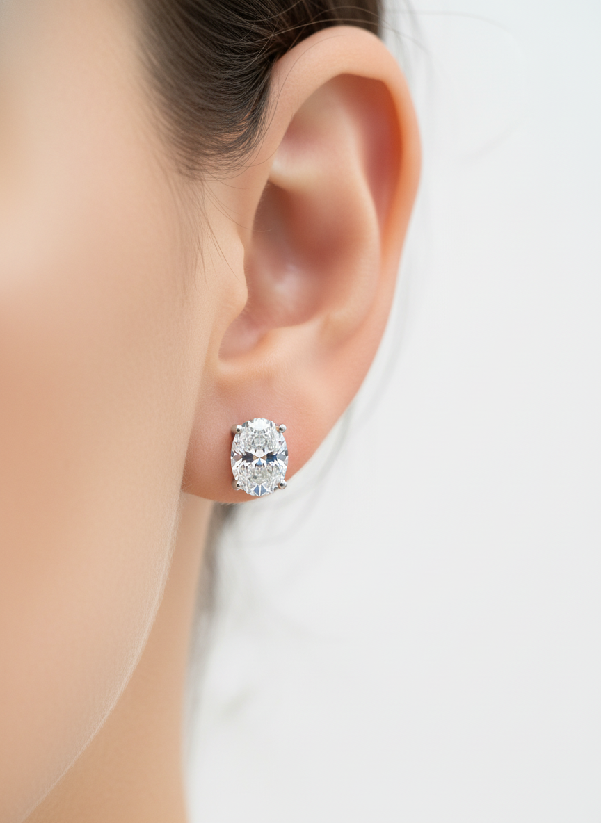 Side view of Crest Hoop Oval Lab Diamond Stud Earrings in 18K Yellow Gold - Fiona Diamonds