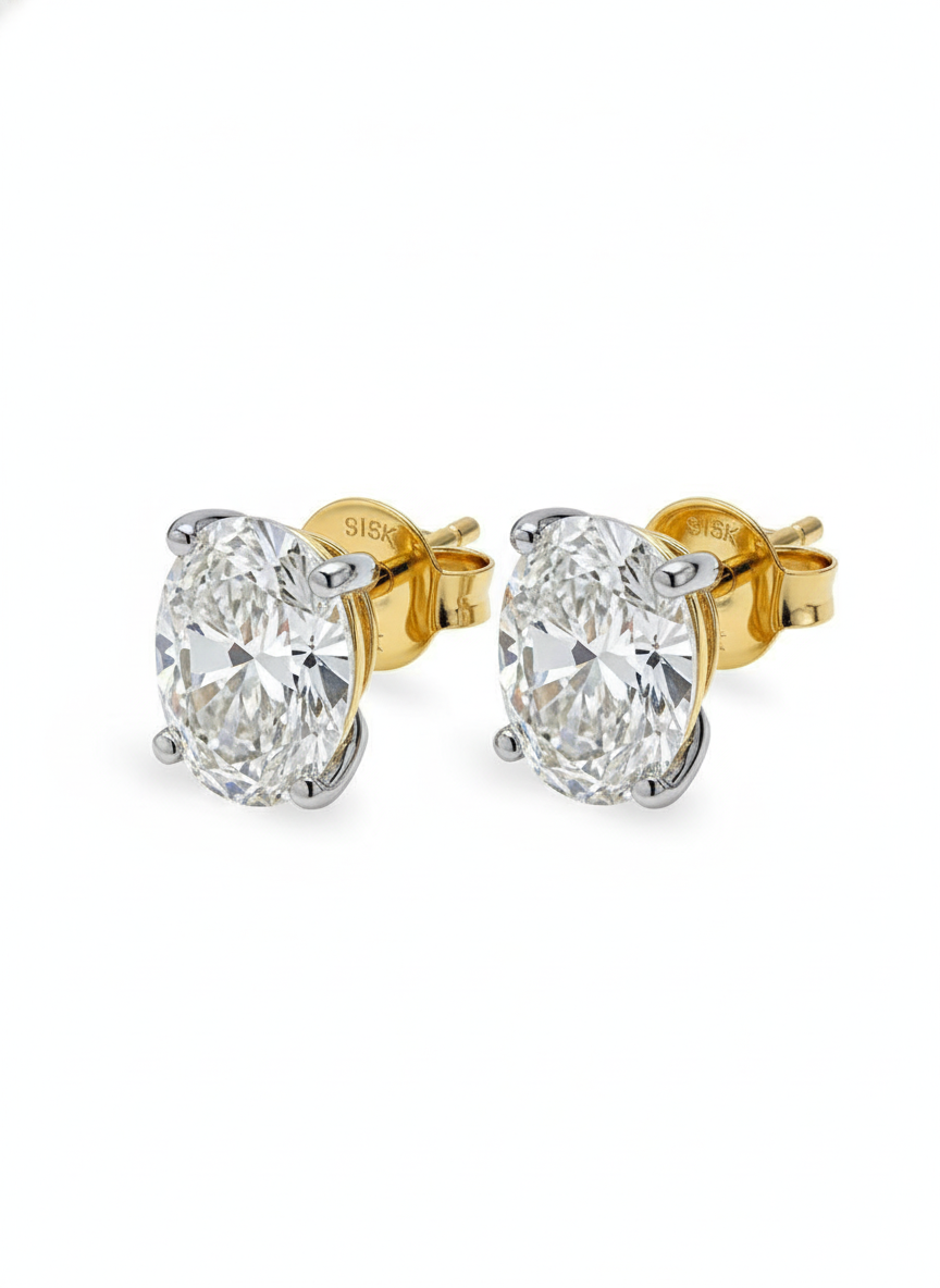 Crest Hoop Oval Lab Diamond Classic Solitaire Stud Earrings in 18K Yellow Gold by Fiona Diamonds