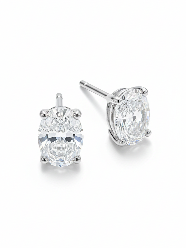 Arch Teardrop Oval Lab Diamond Classic Solitaire Stud Earrings in 18K White Gold by Fiona Diamonds