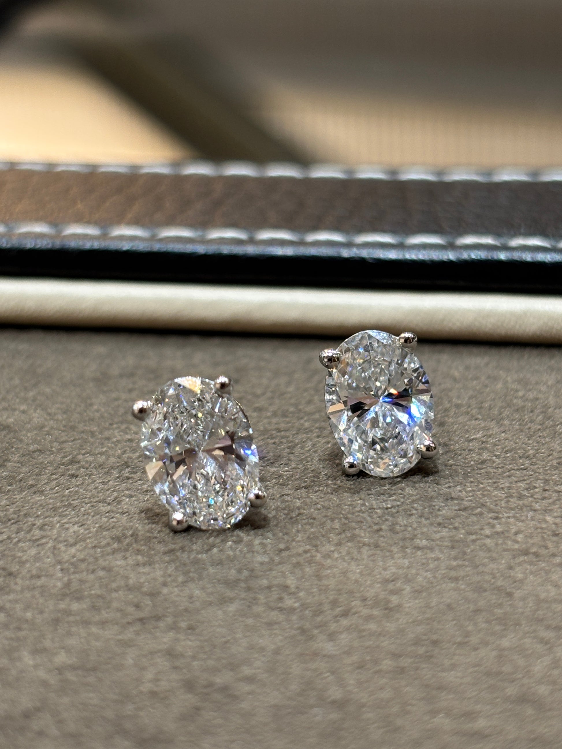 Oval Lab Diamond Classic Solitaire Stud in 18K White Gold - 2ct Oval by Fiona Diamonds