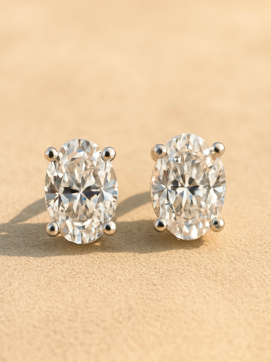 Close-up of 2ct Oval Oval Lab Diamond Solitaire Stud in 18K White Gold by Fiona Diamonds