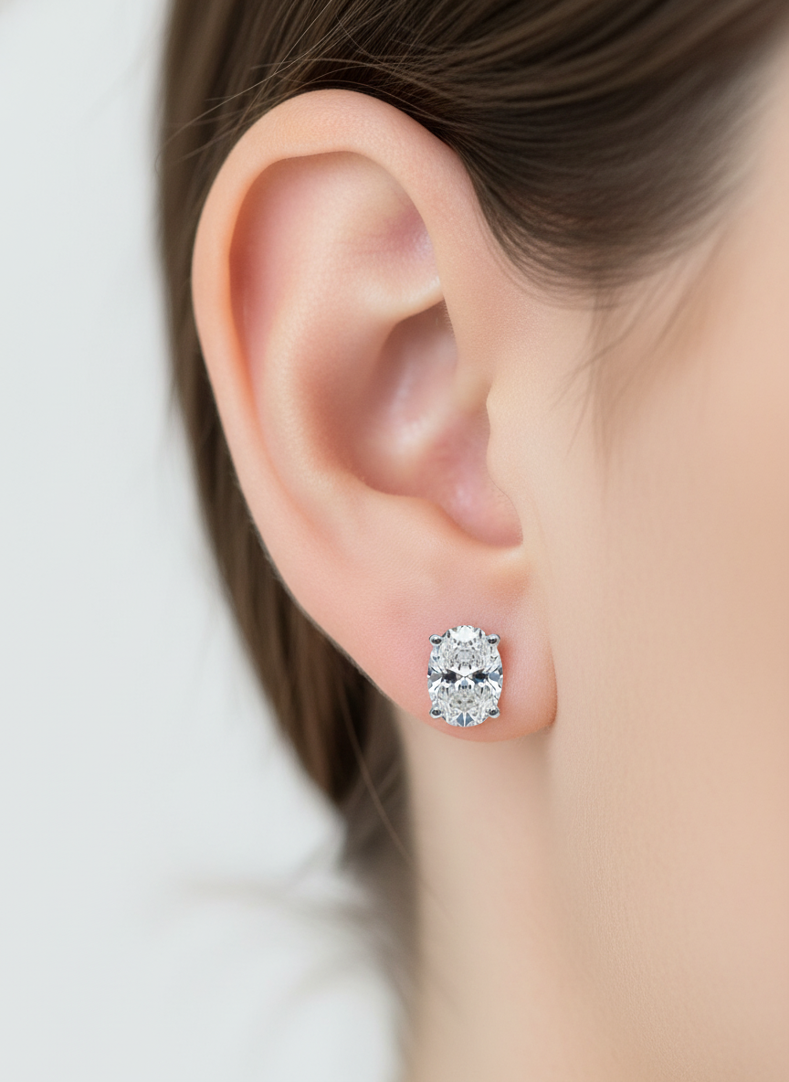 Side view of Ether Float Oval Lab Diamond Stud Earrings in 18K Yellow Gold - Fiona Diamonds