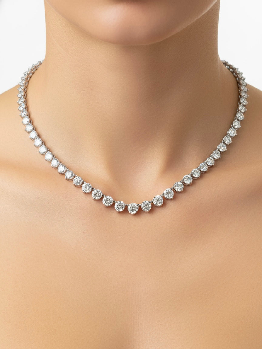 Side view of Roselith Dusk Round Lab Diamond Tennis Necklace in 18K White Gold - Fiona Diamonds