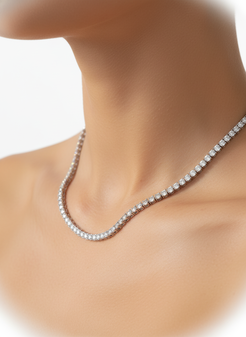 Side view of Haven Drape Round Lab Diamond Tennis Necklace in 18K Yellow Gold - Fiona Diamonds
