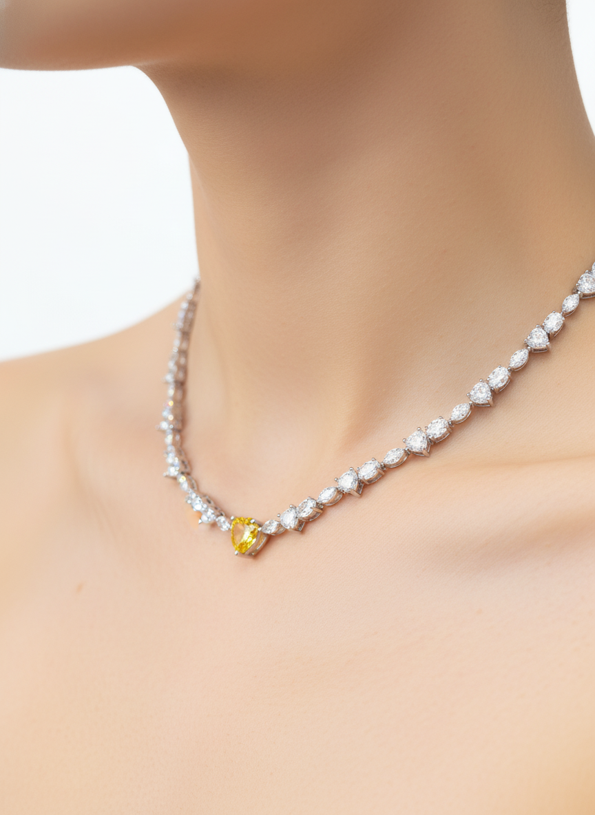 Close-up of Briar Lariat Heart Lab Diamond Designer Necklace in 14K White Gold by Fiona Diamonds