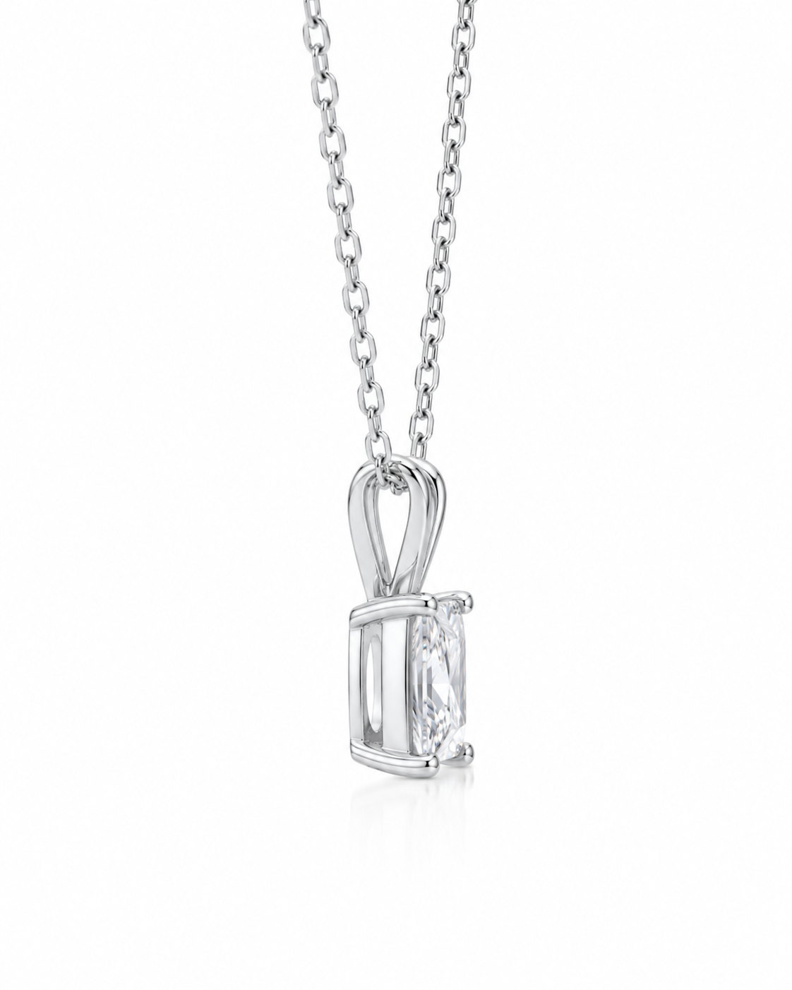 Close-up of Braxen Glow Princess Lab Diamond Solitaire Pendant in 18K White Gold by Fiona Diamonds
