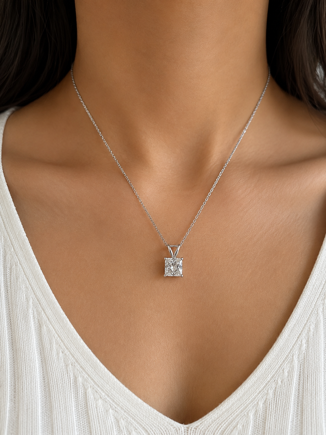 Side view of Braxen Glow Princess Lab Diamond Solitaire Pendant in 18K White Gold - Fiona Diamonds