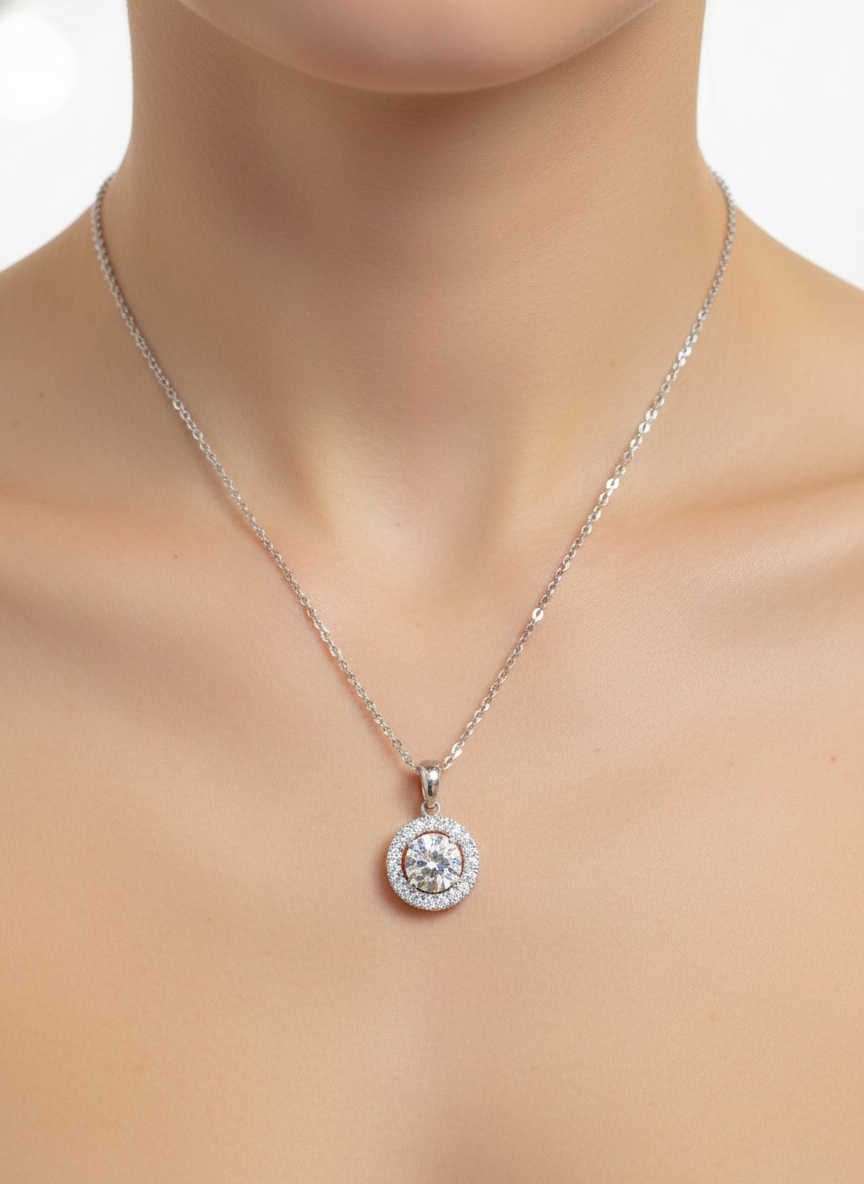Side view of Corvin Lore Round Lab Diamond Halo Pendant in 18K White Gold - Fiona Diamonds