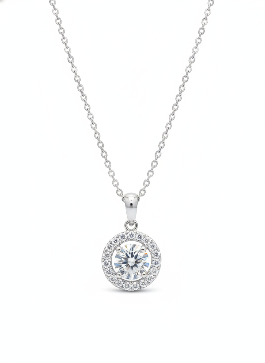 Corvin Lore Round Lab Diamond Halo Pendant in 18K White Gold by Fiona Diamonds