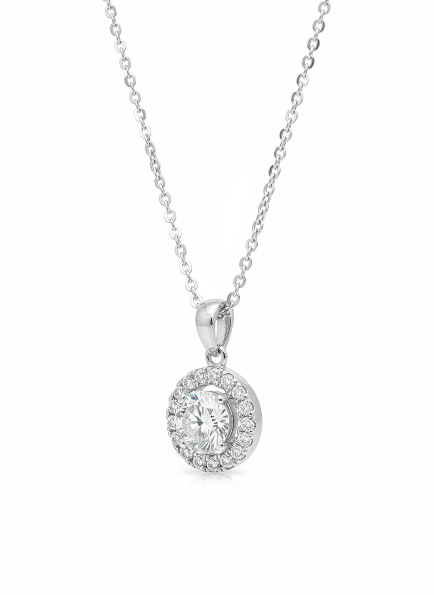 Close-up of Corvin Lore Round Lab Diamond Halo Pendant in 18K White Gold by Fiona Diamonds