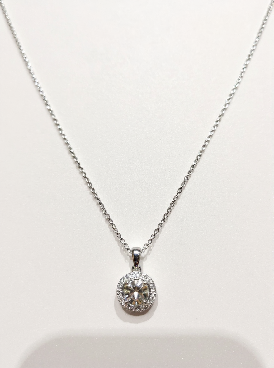 Side view of Stella Mirage Round Lab Diamond Halo Pendant in 18K White Gold - Fiona Diamonds