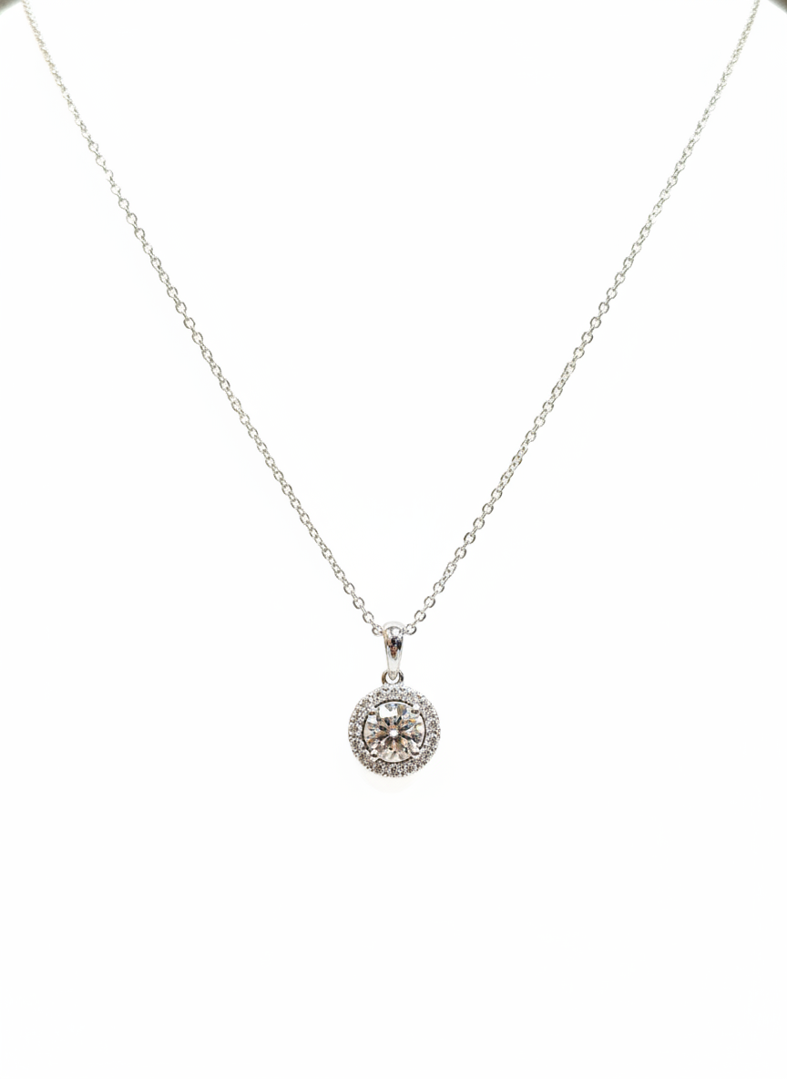 Stella Mirage Round Lab Diamond Halo Pendant in 18K White Gold by Fiona Diamonds