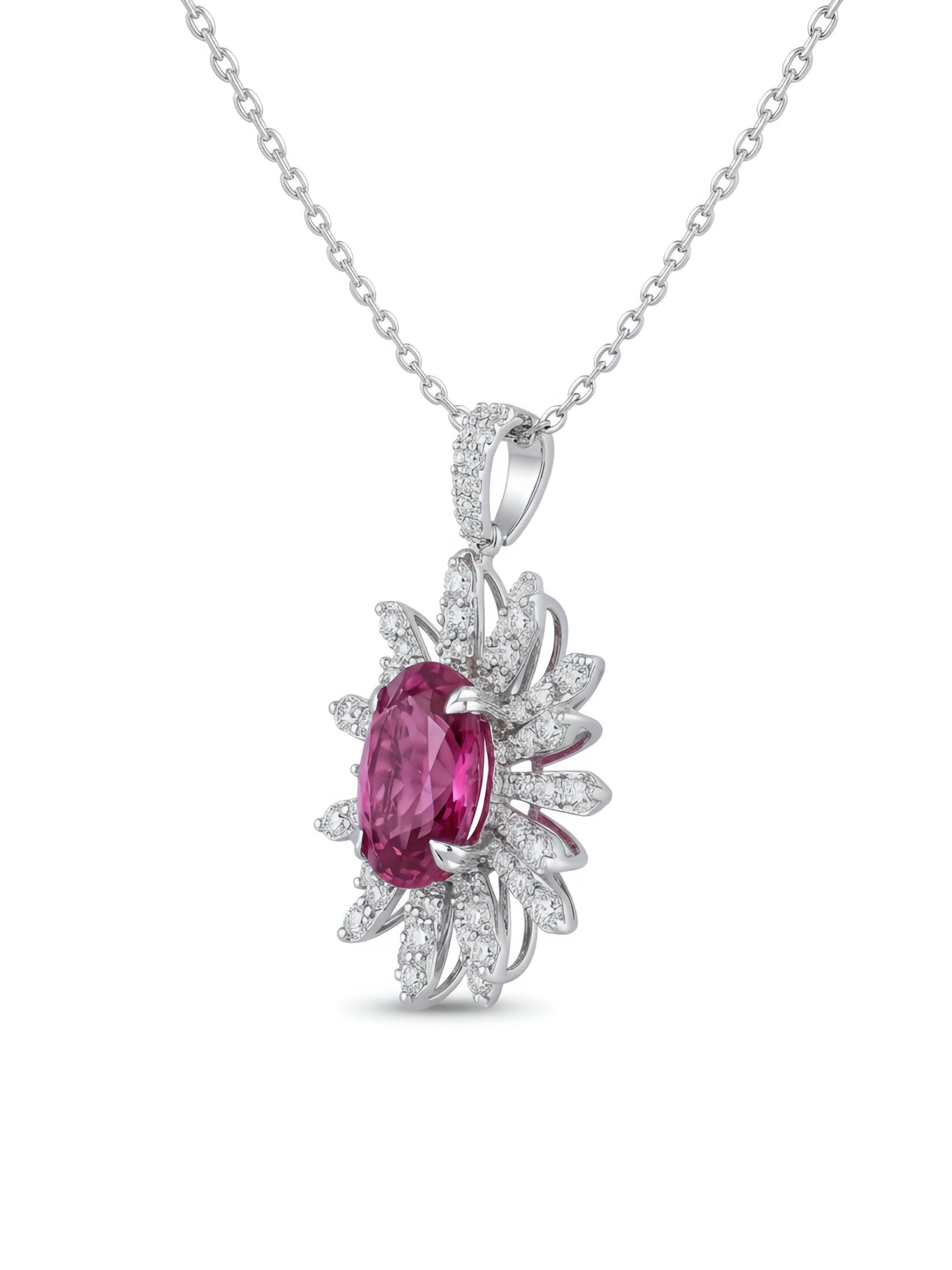 Close-up of Isola Glow Round Lab Diamond Designer Pendant in 14K White Gold by Fiona Diamonds