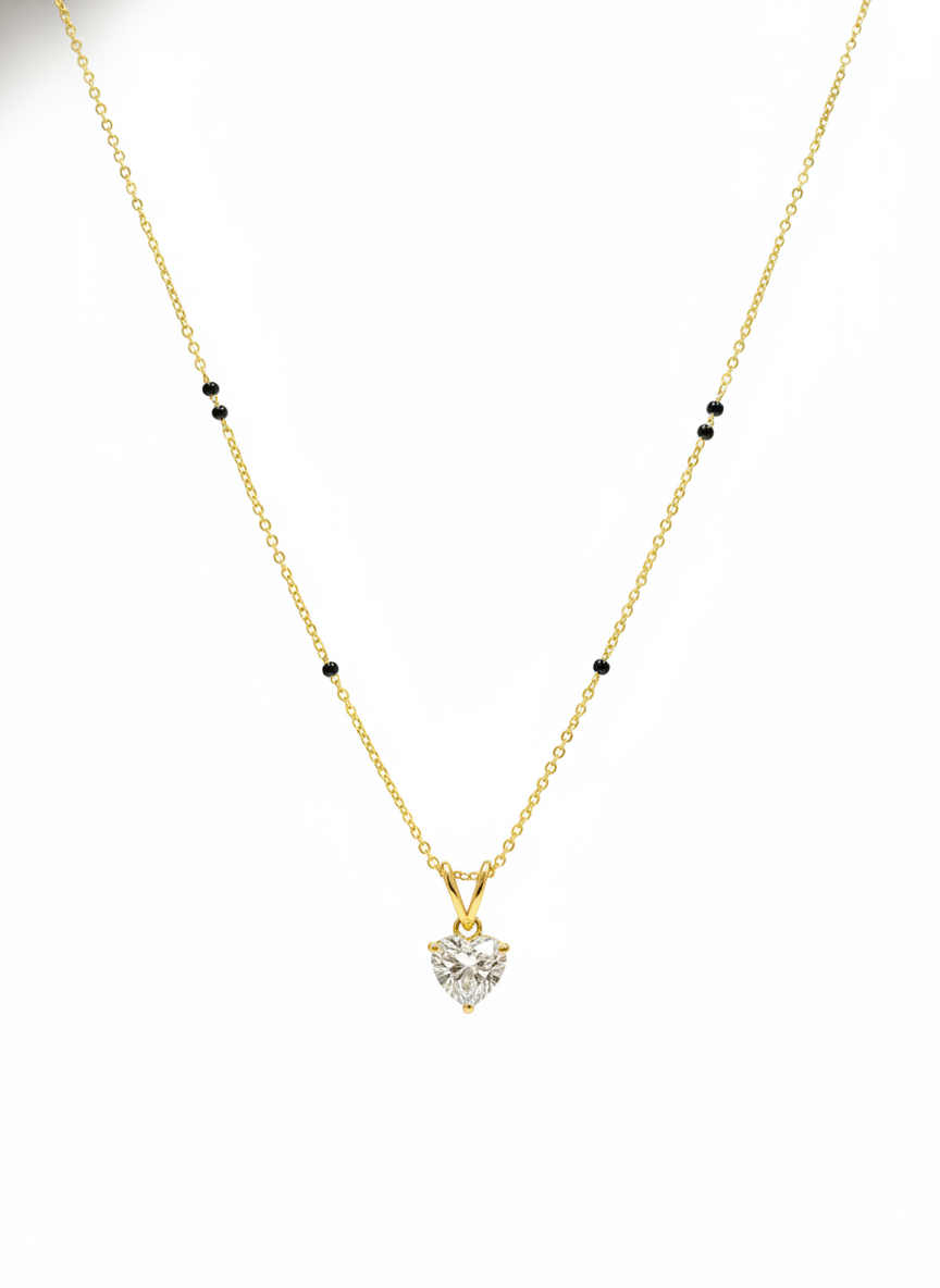 Side view of Serene Solstice Heart Lab Diamond Mangalsutra in 14K Yellow Gold - Fiona Diamonds