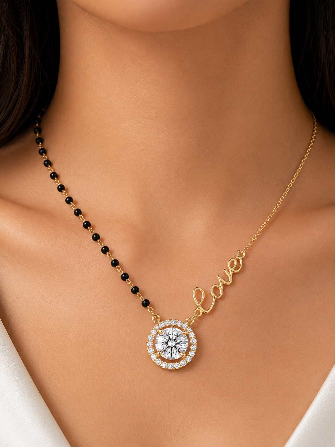 Side view of Quorra Glow Round Lab Diamond Mangalsutra in 18K Yellow Gold - Fiona Diamonds
