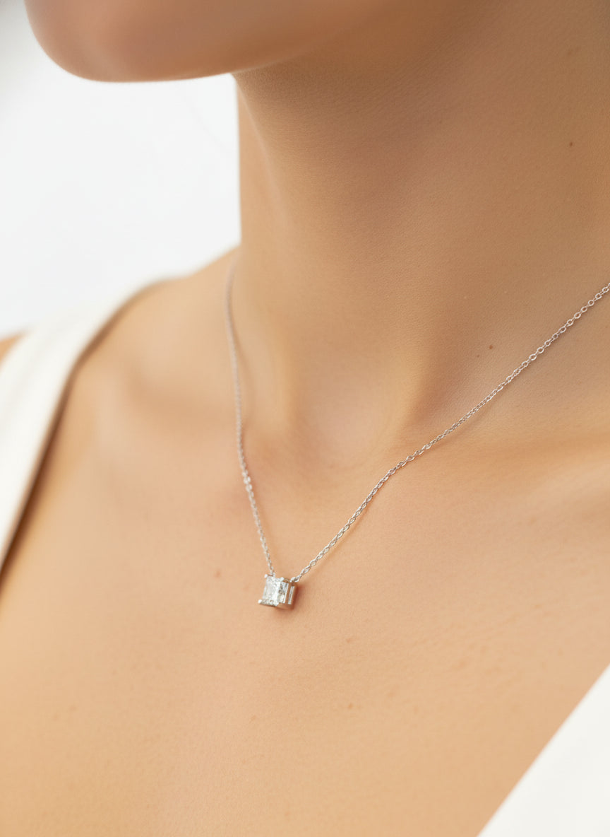 Side view of Eternal Lumière Princess Lab Diamond Solitaire Pendant in 18K White Gold - Fiona Diamonds