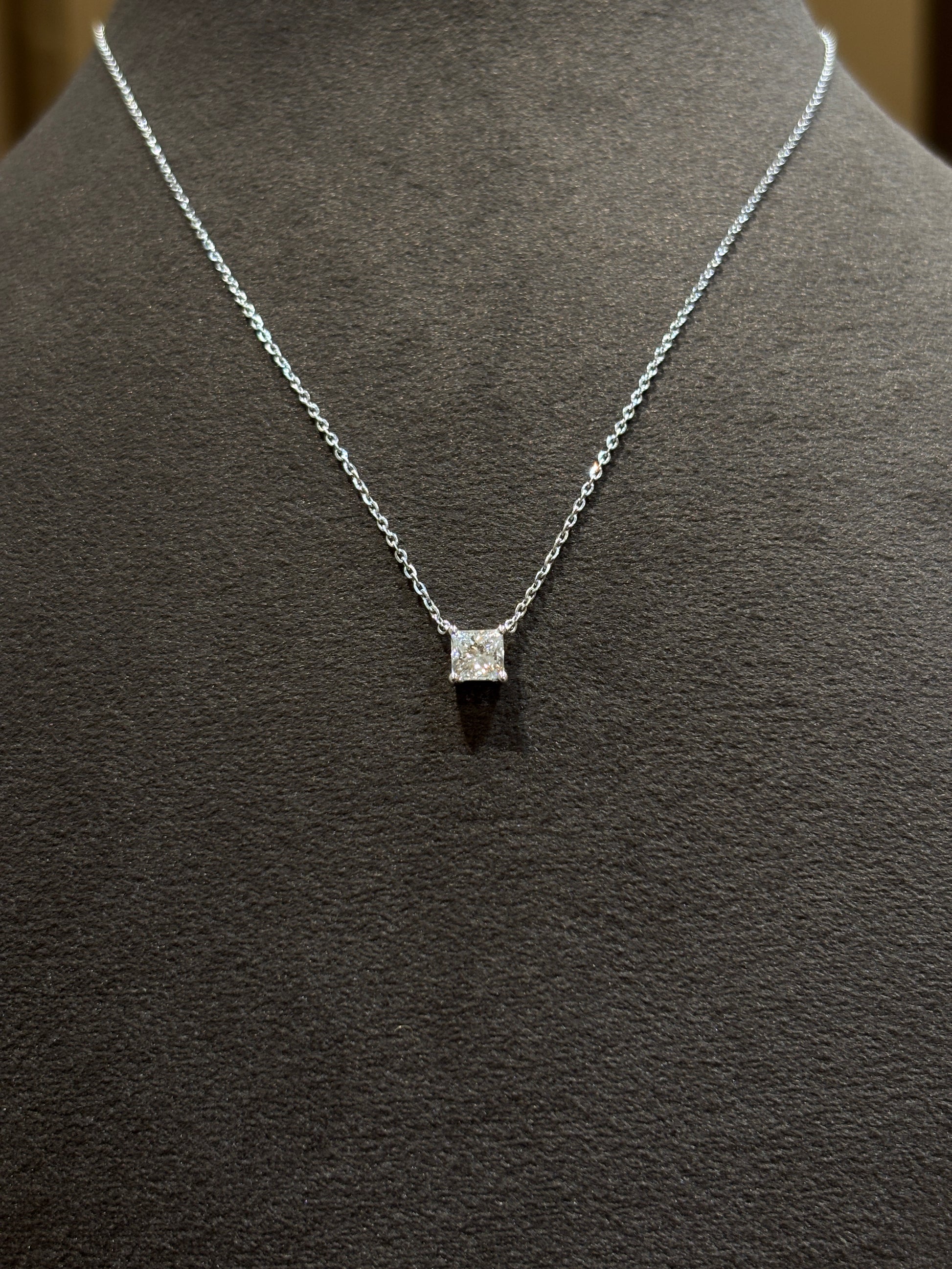 Close-up of Eternal Lumière Princess Lab Diamond Solitaire Pendant in 18K White Gold by Fiona Diamonds