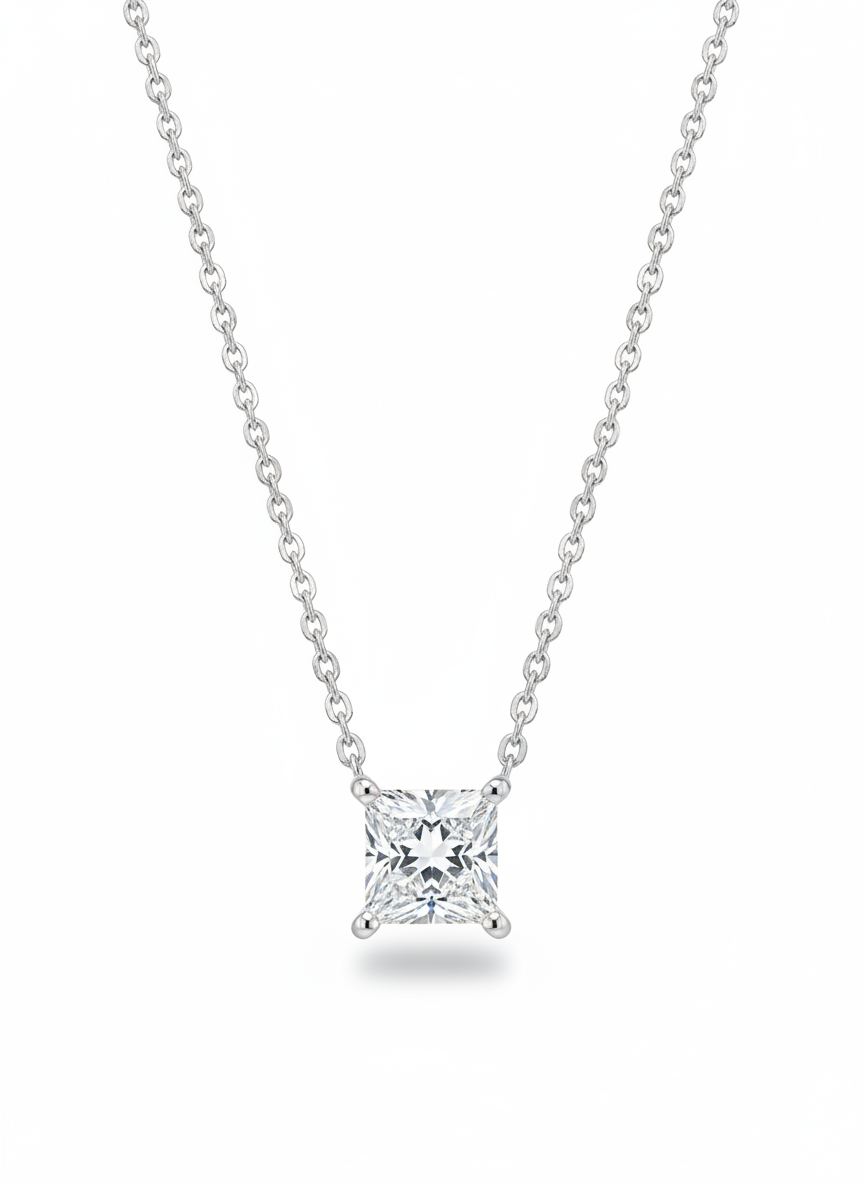 Lumen Motif Princess Lab Diamond Solitaire Pendant in 18K White Gold by Fiona Diamonds
