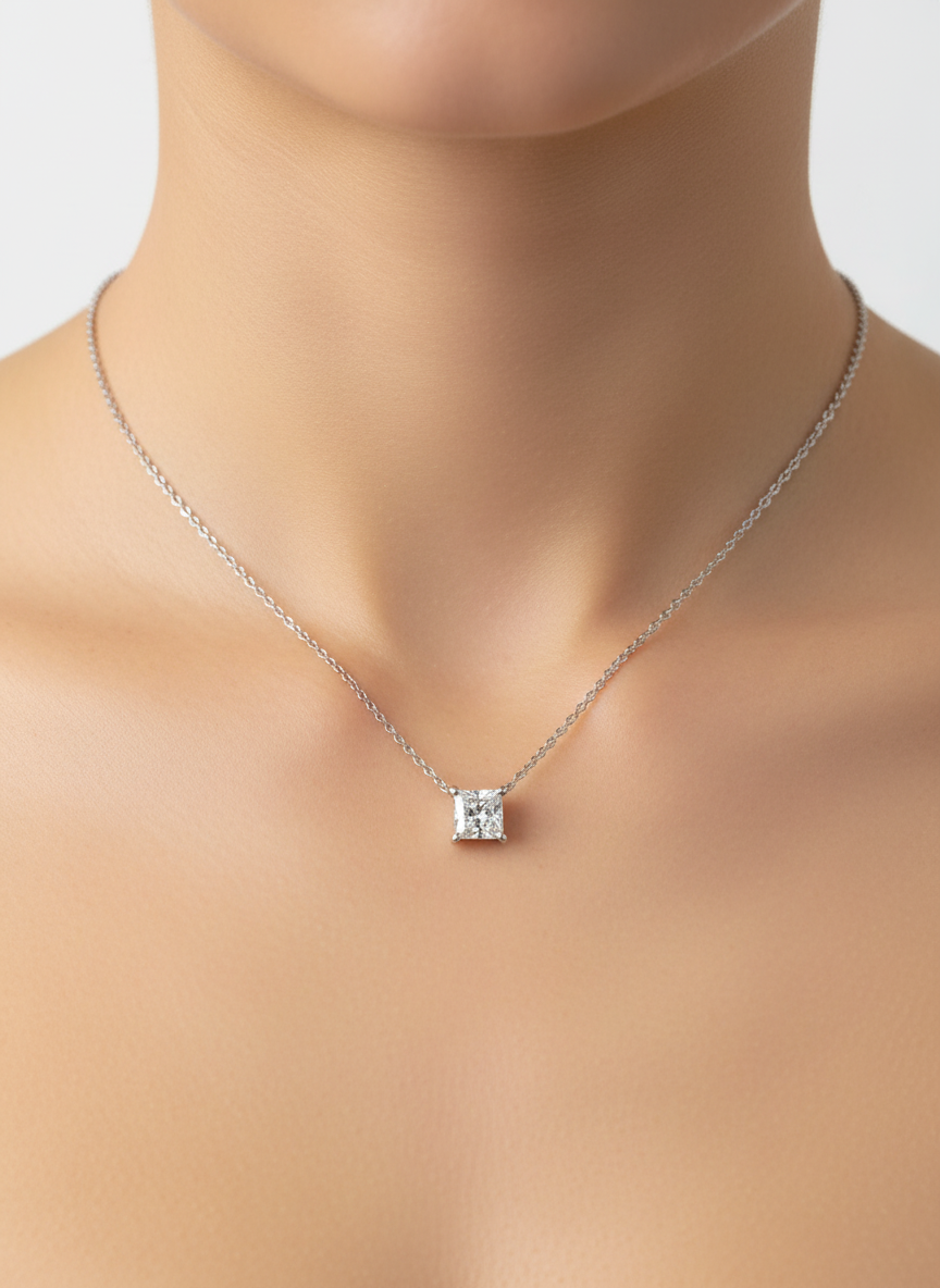 Side view of Lumen Motif Princess Lab Diamond Solitaire Pendant in 18K White Gold - Fiona Diamonds