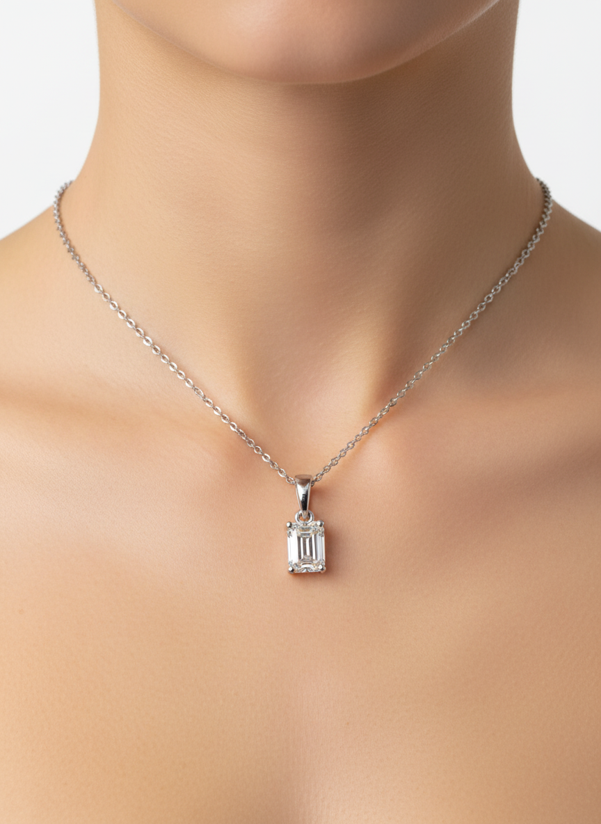 Dusk Oval Emerald Lab Diamond Solitaire Pendant in 18K White Gold by Fiona Diamonds