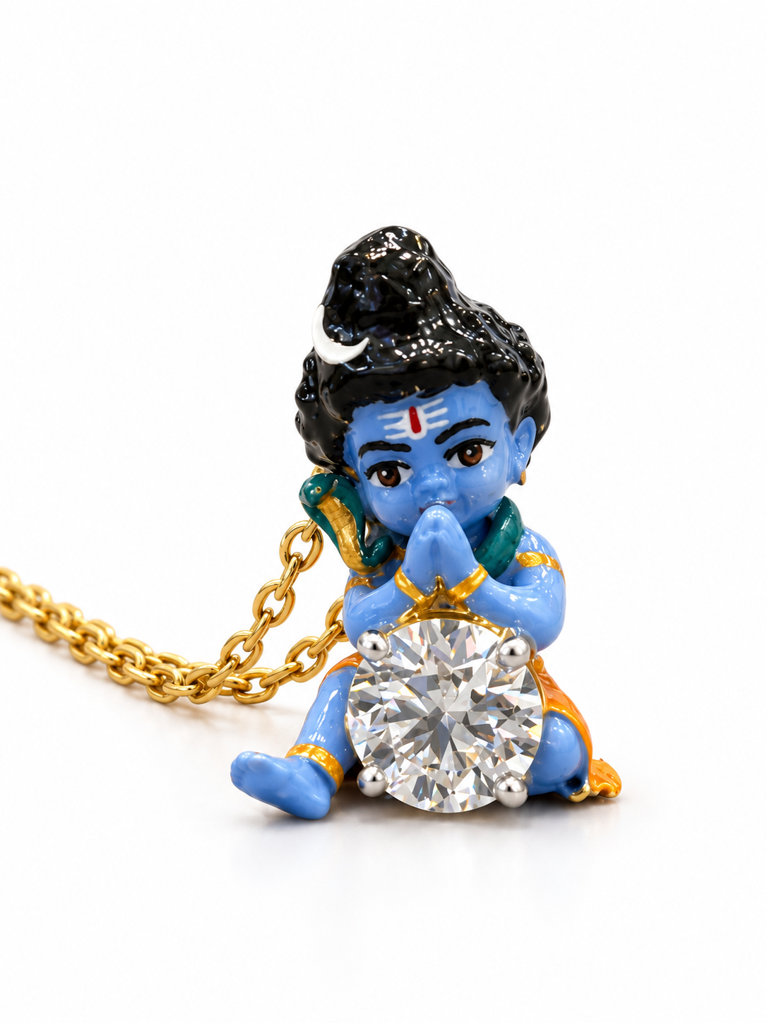 Anaya Namaste Bal Shiva Round Lab Diamond Pendant – front view with hands folded over the round diamond