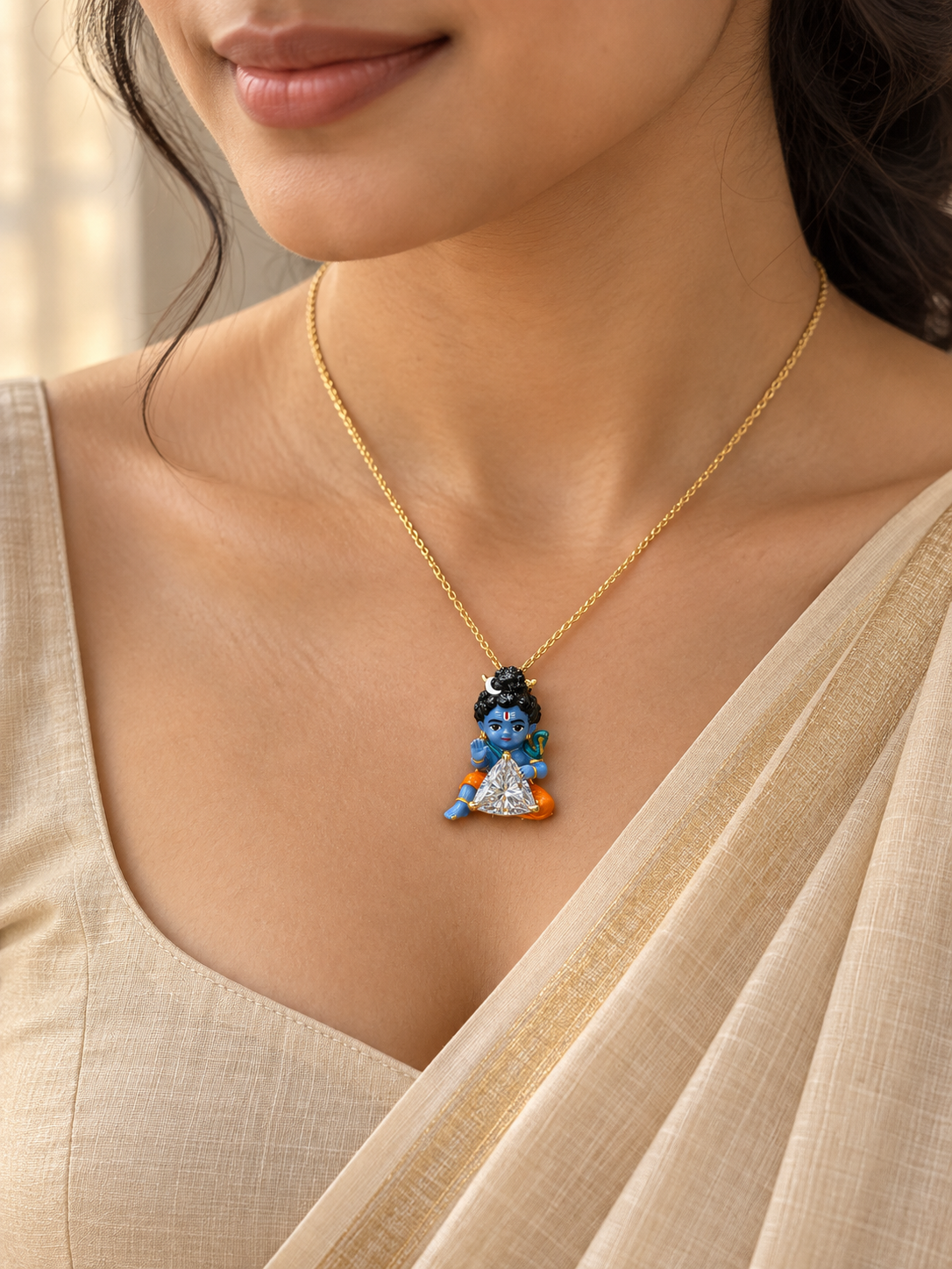 Asha Blessing Bal Shiva Trillion Lab Diamond Pendant – worn on the neckline with a cream saree