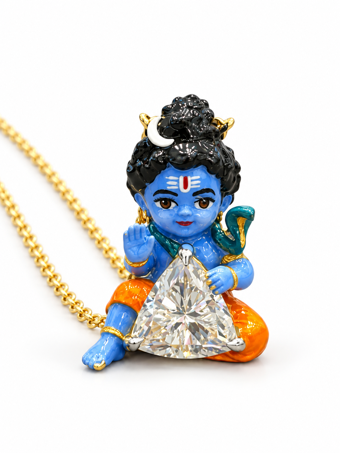 Asha Blessing Bal Shiva Trillion Lab Diamond Pendant – front view with crescent moon and trillion diamond