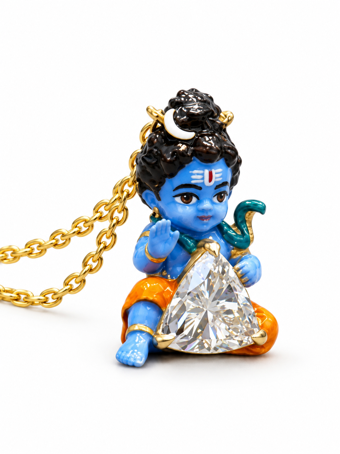 Asha Blessing Bal Shiva Trillion Lab Diamond Pendant – angled side view on yellow gold chain