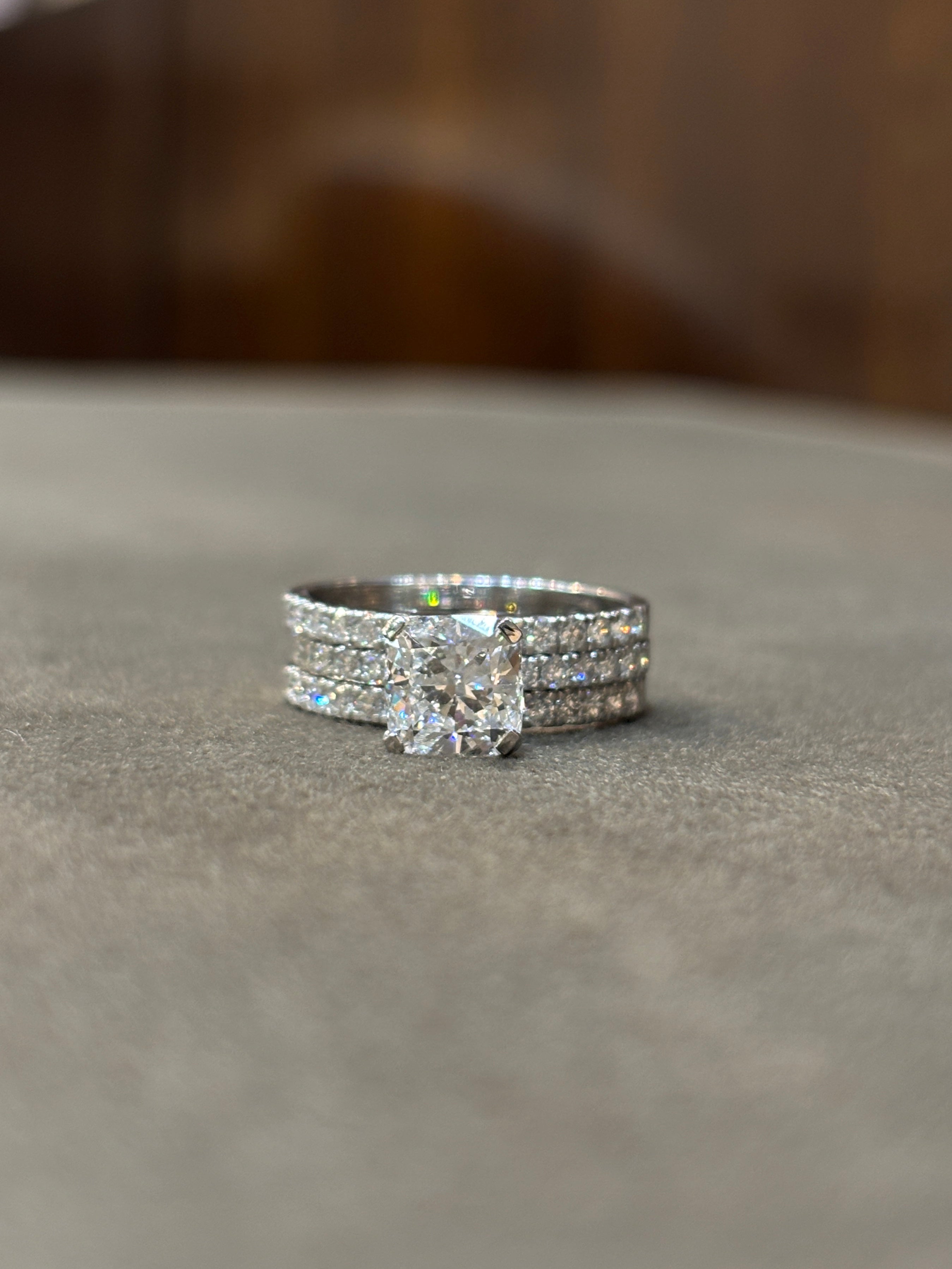 Celestial Bloom 1.5ct Cushion Lab Diamond Side Stone Solitaire Ring in 18K White Gold by Fiona Diamonds