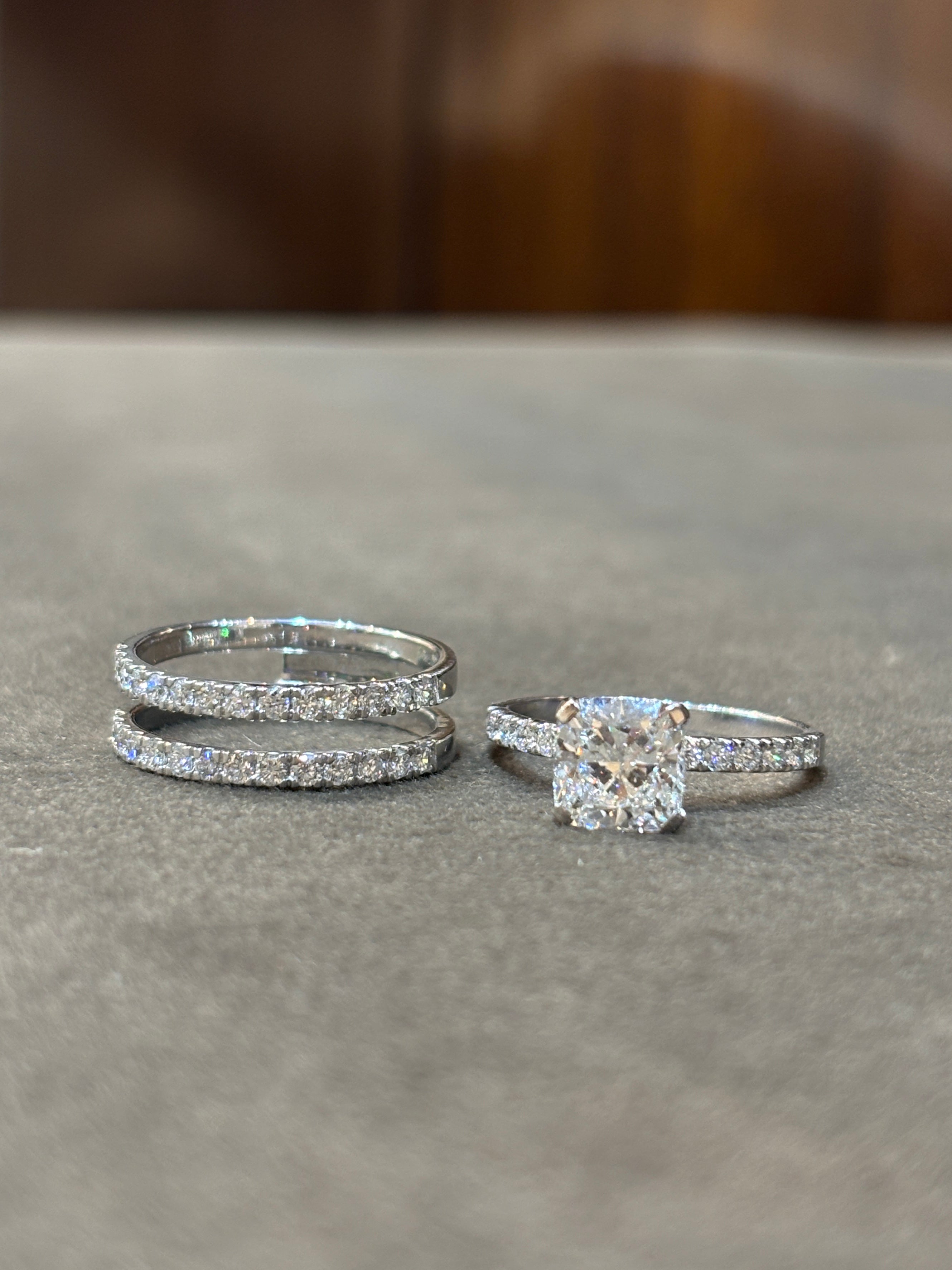 Close-up of Celestial Bloom 1.5ct Cushion Lab Diamond Side Stone Solitaire Ring set in 18K White Gold by Fiona Diamonds