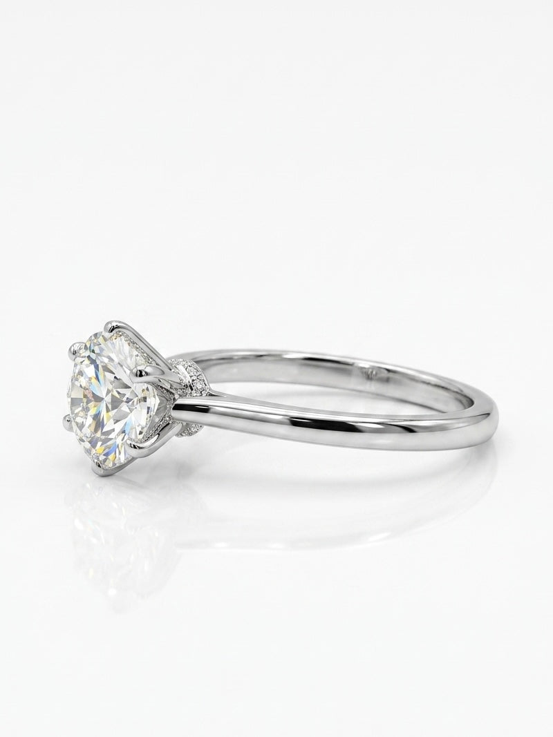 Close-up of Altair Cove Round Lab Diamond Classic Solitaire Ring set in 18K White Gold by Fiona Diamonds