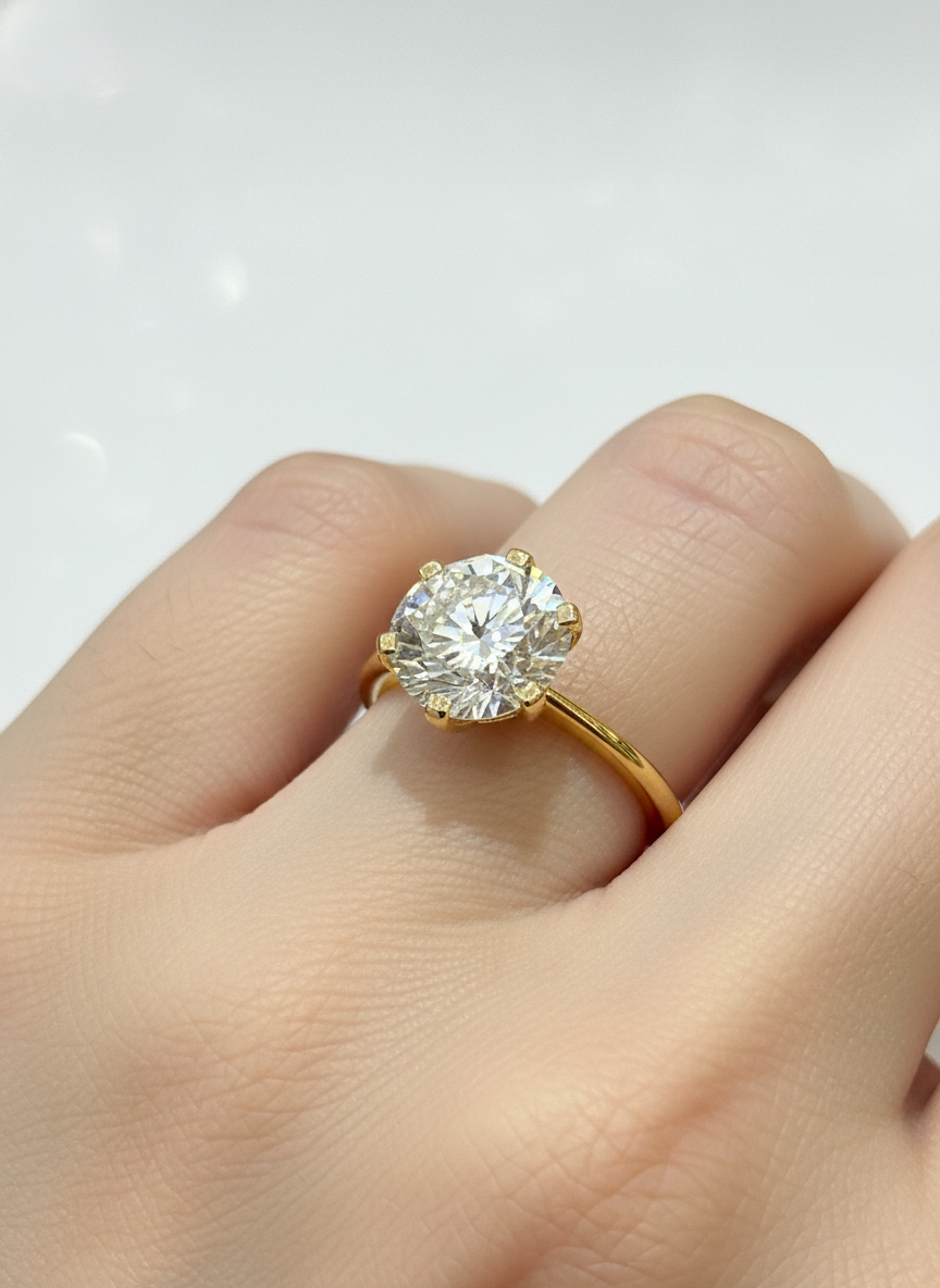 Side profile of Aurora Muse Round Lab Diamond Classic Solitaire Ring in 18K Yellow Gold Fiona Diamonds