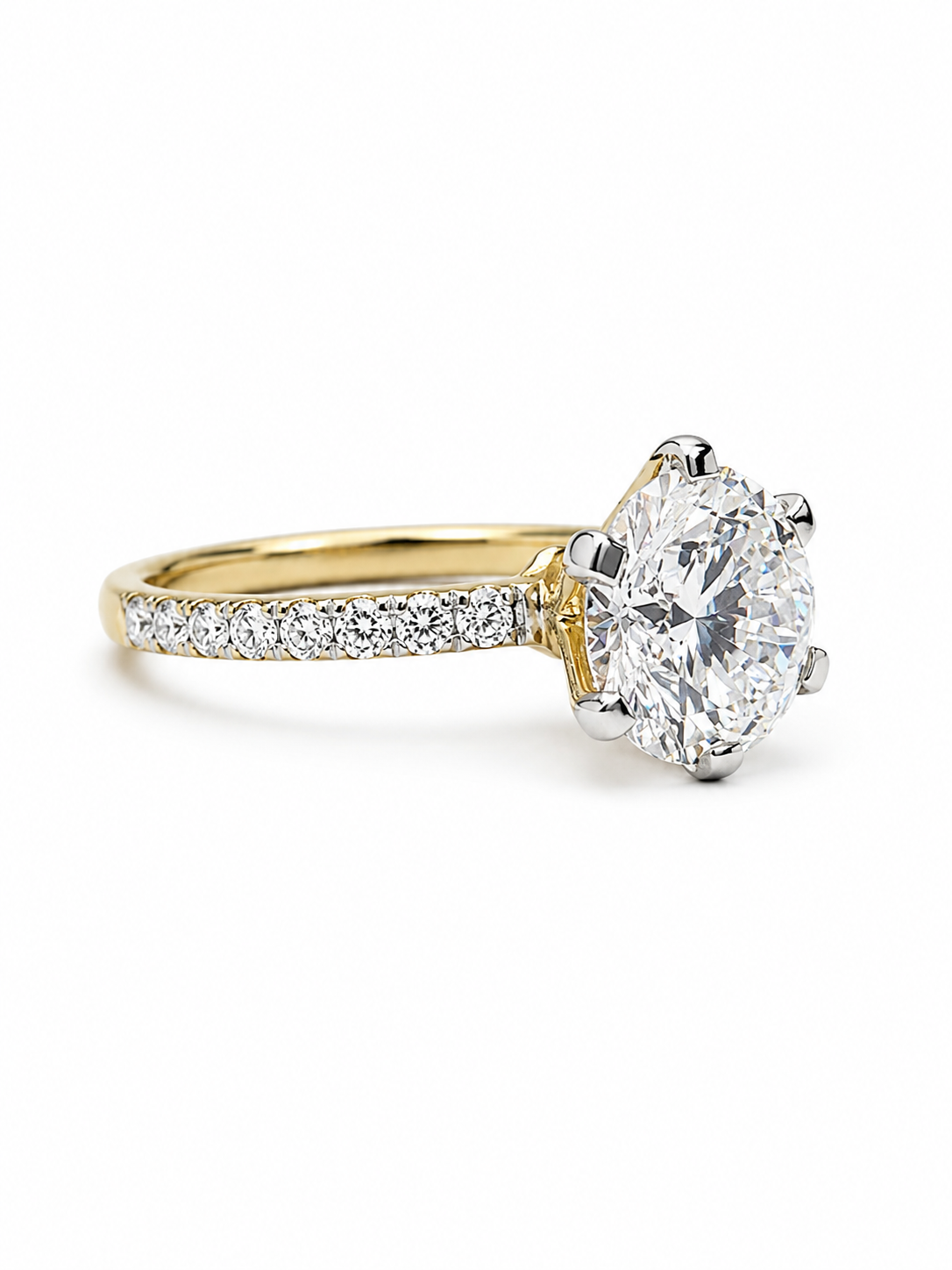 Side view of Kaelith Lace Round Lab Diamond Side Stone Solitaire Ring in 18K Yellow Gold  Fiona Diamonds