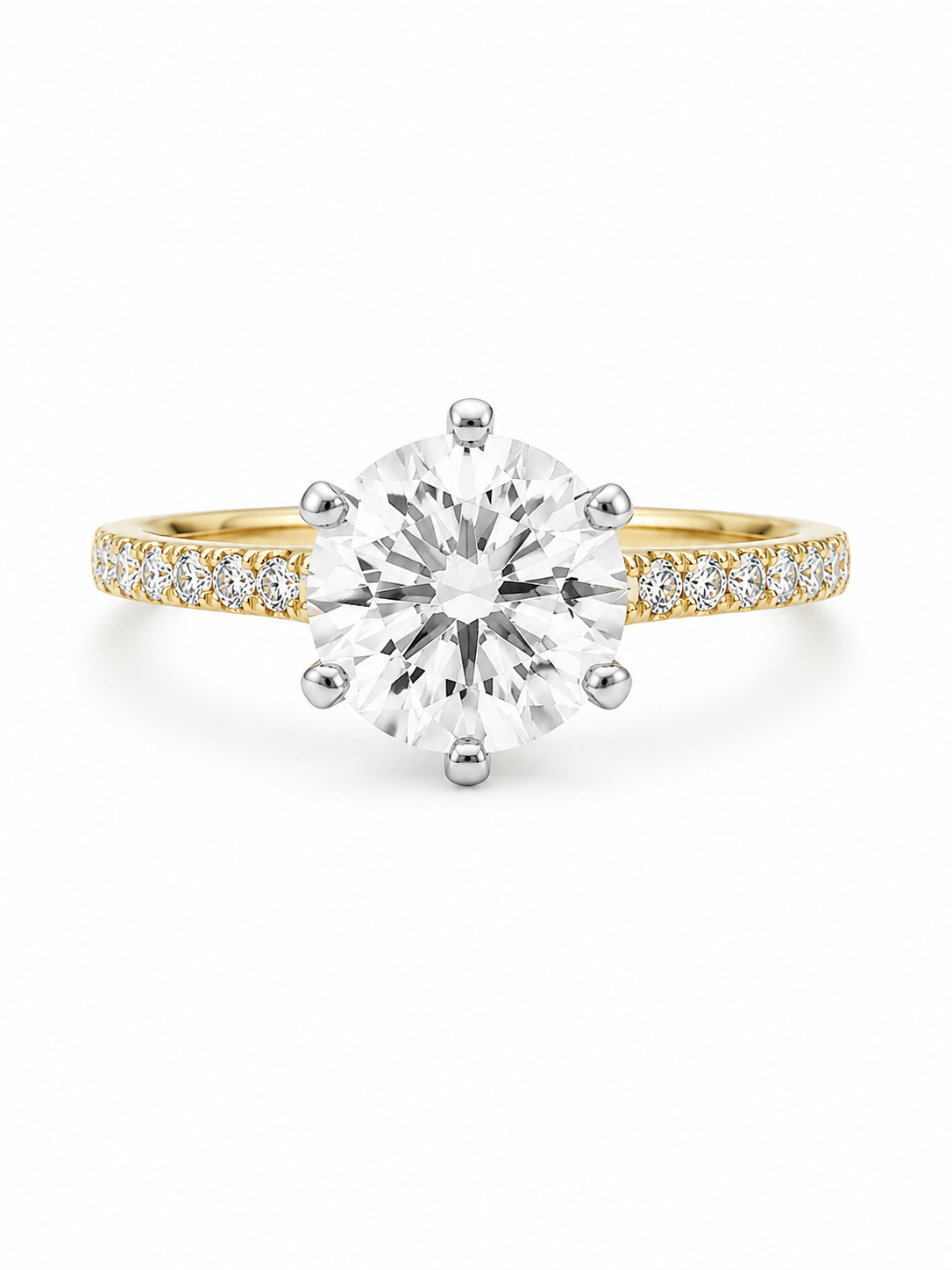 Kaelith Lace Round Lab Diamond Side Stone Solitaire Ring in 18K Yellow Gold by Fiona Diamonds