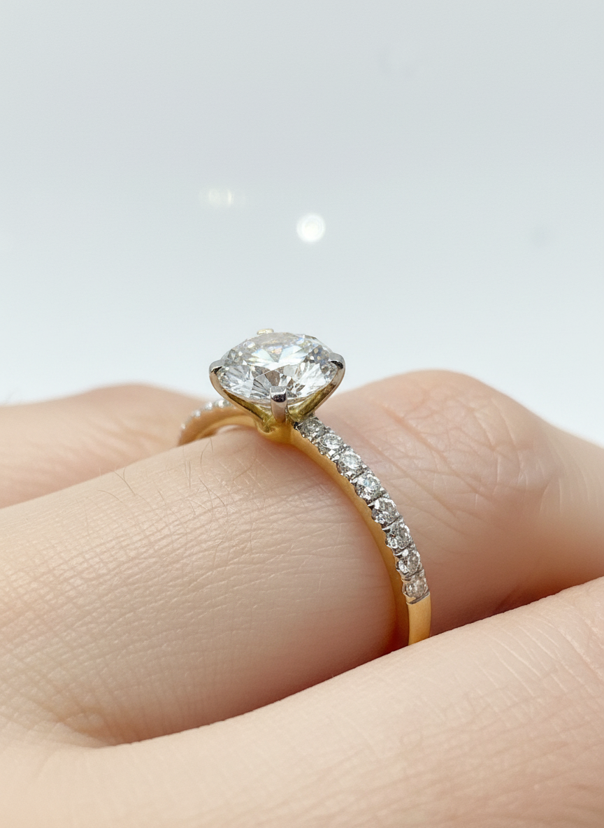 Top view of Kaelith Lace Round Lab Diamond Side Stone Solitaire Ring in 18K Yellow Gold  Fiona Diamonds