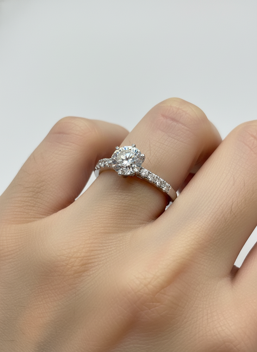 Side view of Cipher Grace Round Lab Diamond Side Stone Solitaire Ring in 18K White Gold  Fiona Diamonds