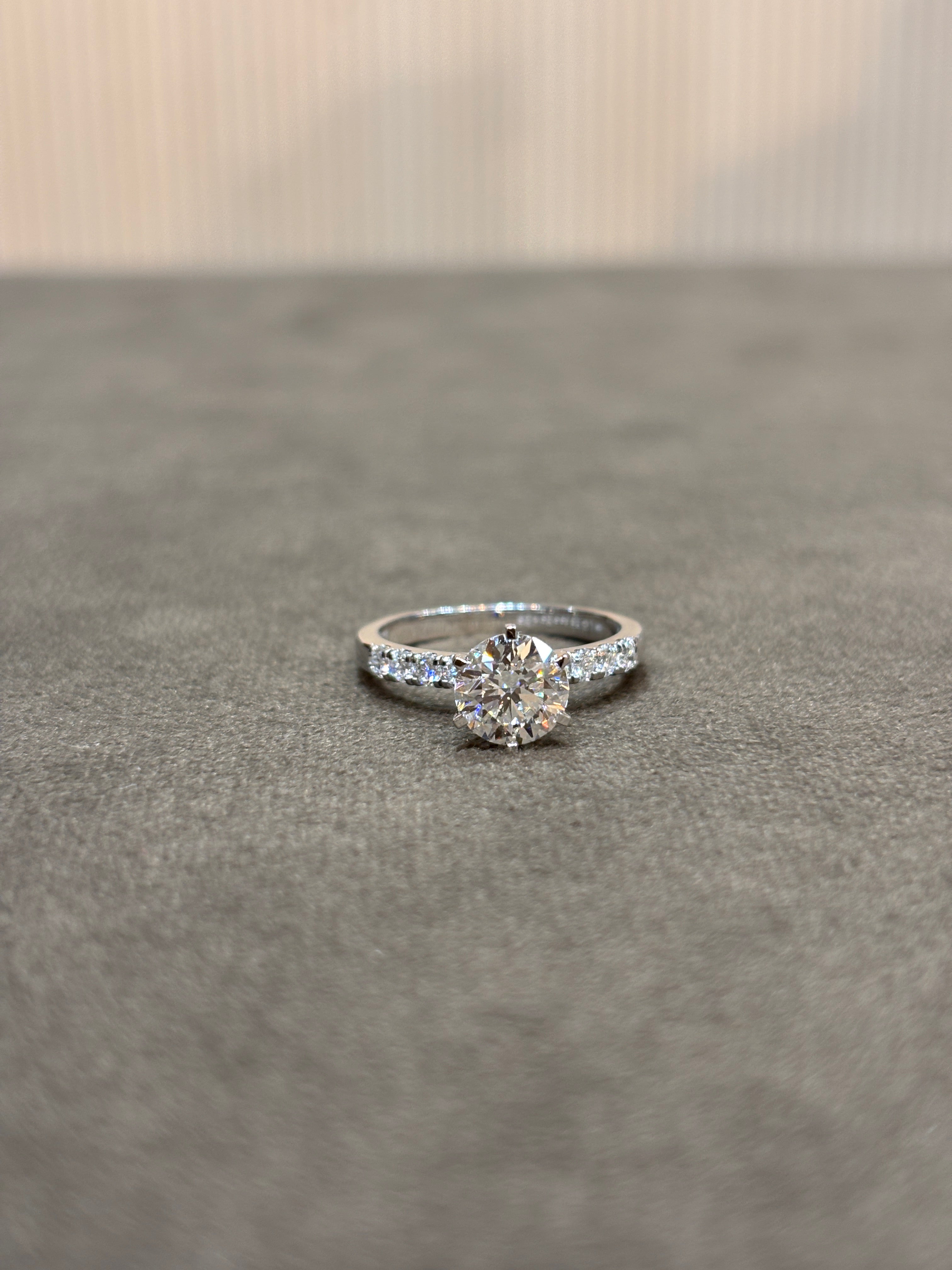 Crestfall Luxe Round Lab Diamond Side Stone Solitaire Ring in 18K White Gold by Fiona Diamonds