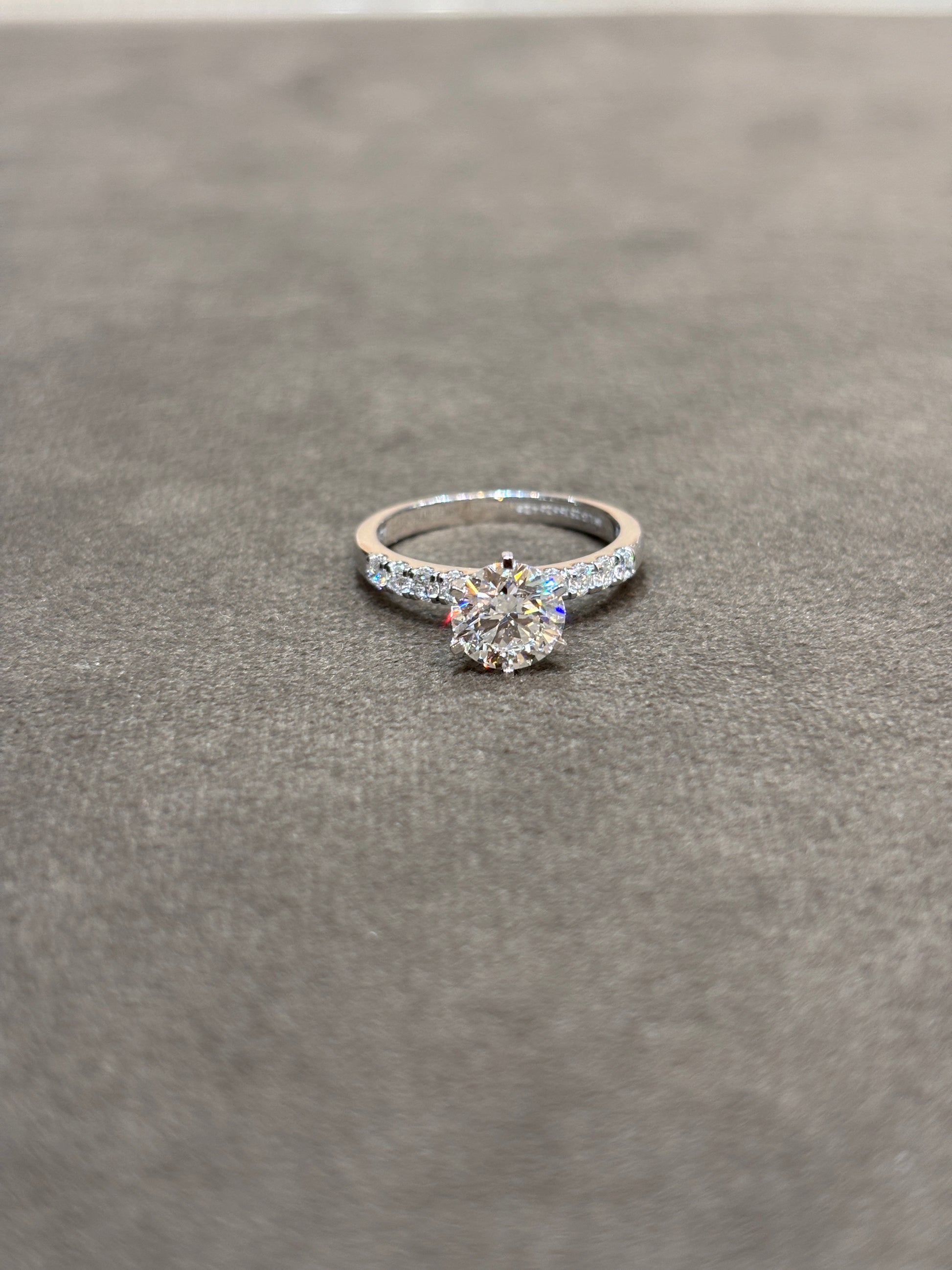 Side view of Crestfall Luxe Round Lab Diamond Side Stone Solitaire Ring in 18K White Gold  Fiona Diamonds
